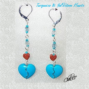 Turquoise heart shaped beads; Goldstone hearts; Light blue Czech crystals, earrings